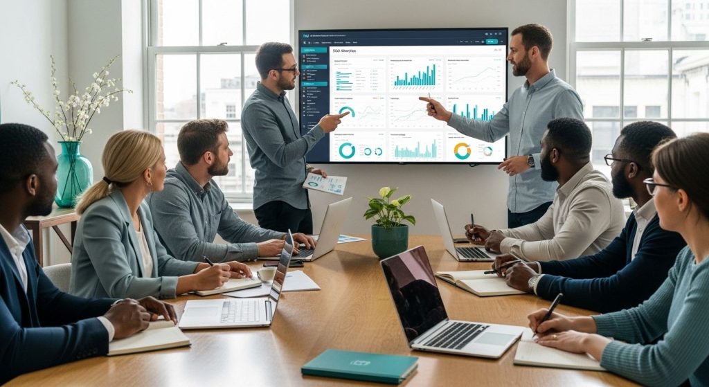 SEO reporting, analytics meeting, digital marketing teamwork